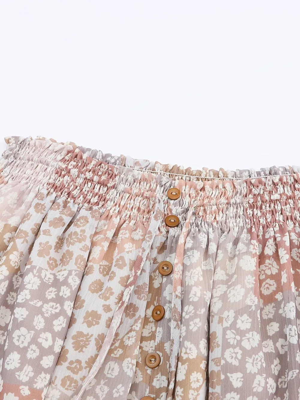 Apricot Floral Smocked Boho Maxi Skirt with Button Front Slit