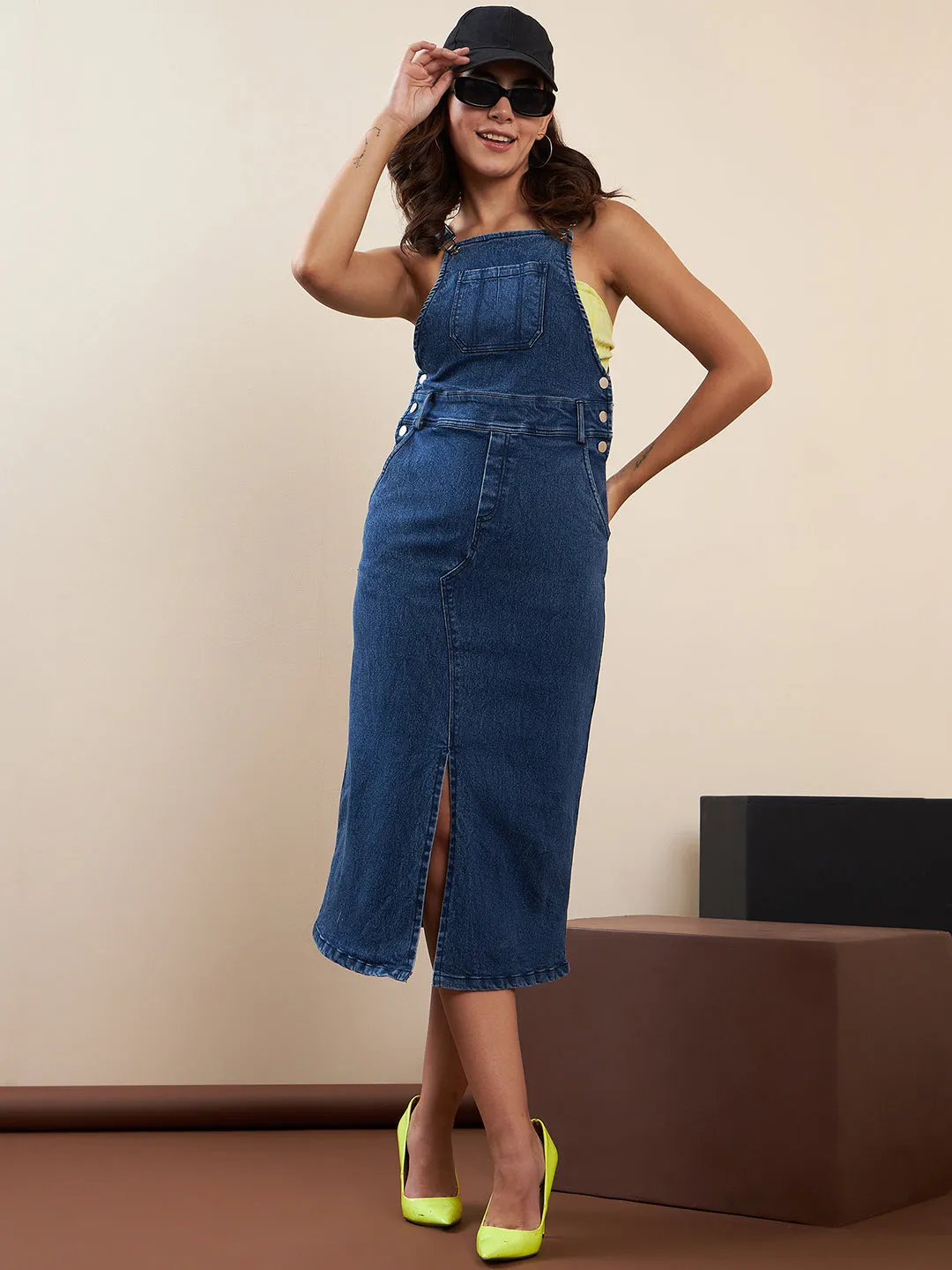 Blue Denim Lycra Dungaree Dress With Slit (Inner Not Included)
