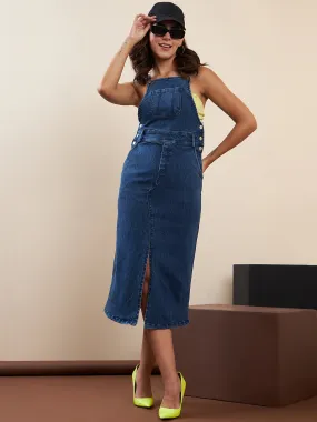 Blue Denim Lycra Dungaree Dress With Slit (Inner Not Included)