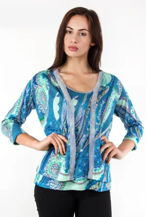 Blue Paisley Silk wool Cashmere Cardigan