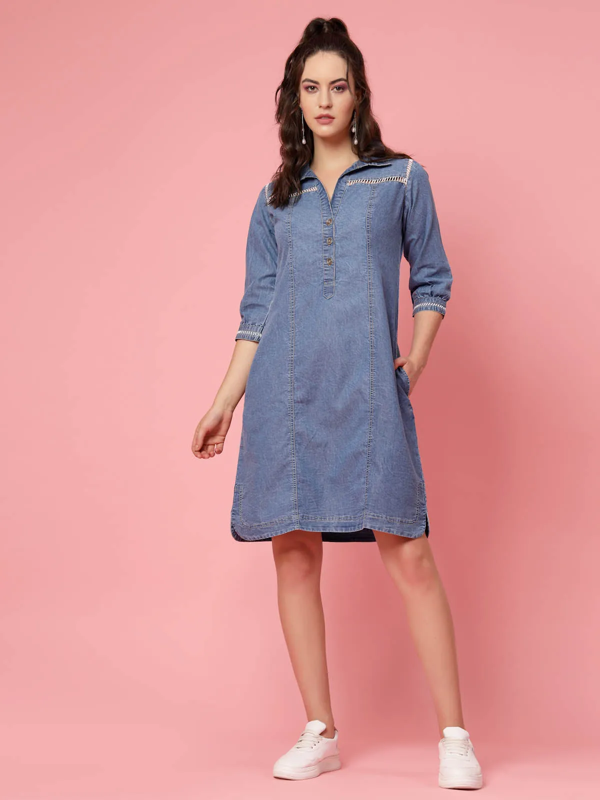 Blue Shirt Collar Denim Shirt Style Dress