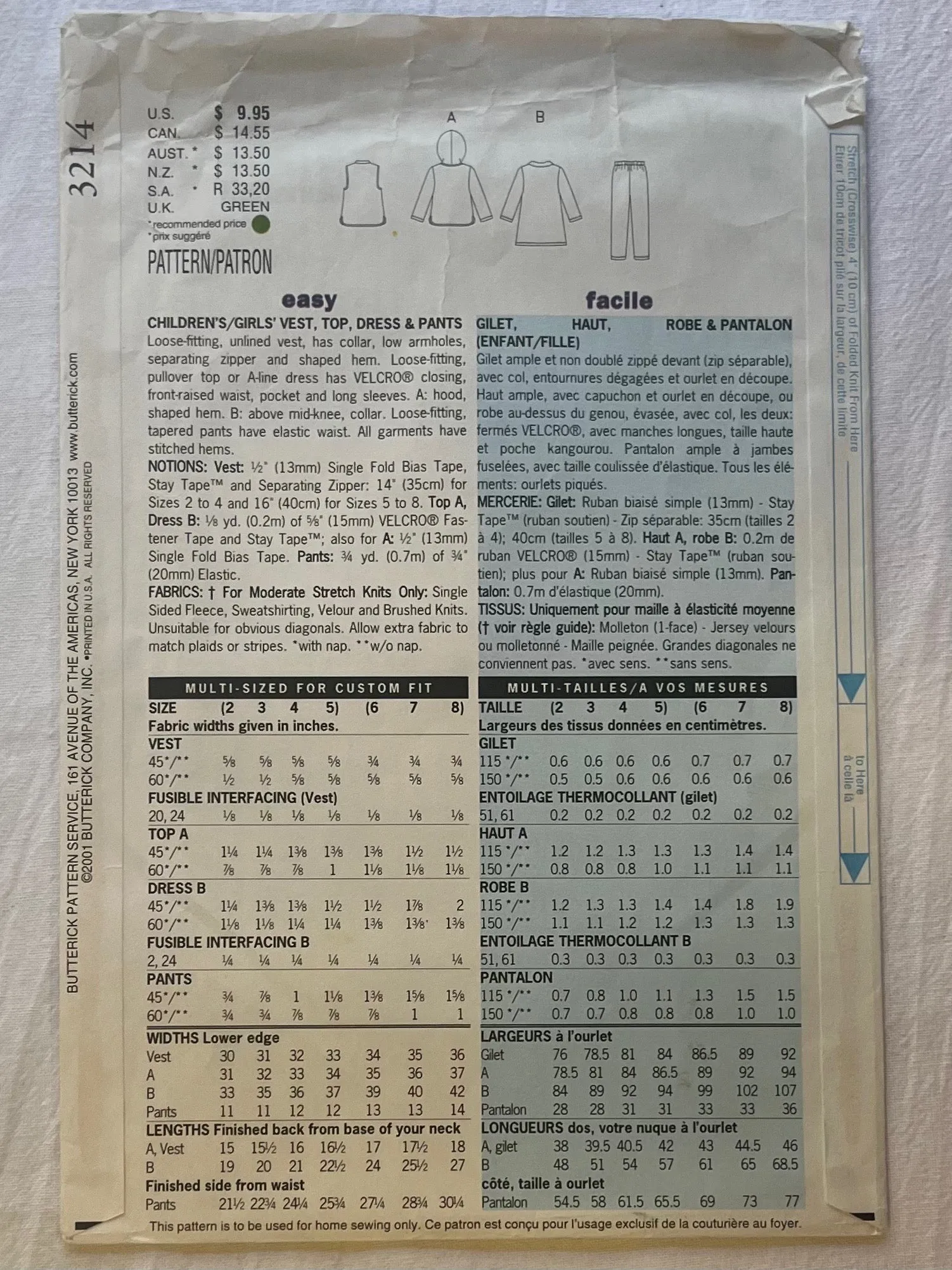 Butterick 3214 Pattern PARTIALLY CUT Girls Sweaters and Pants Sizes 2, 3, 4, 5