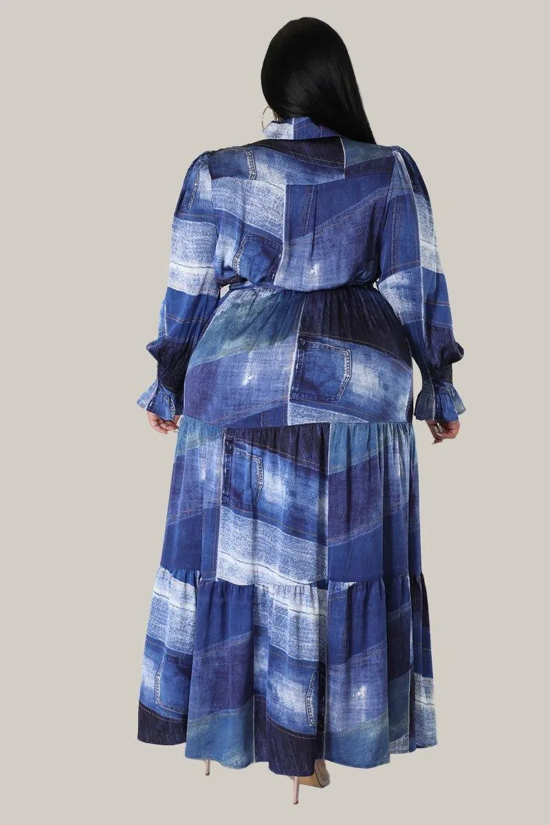 Cara Denim Print Maxi Belted Dress