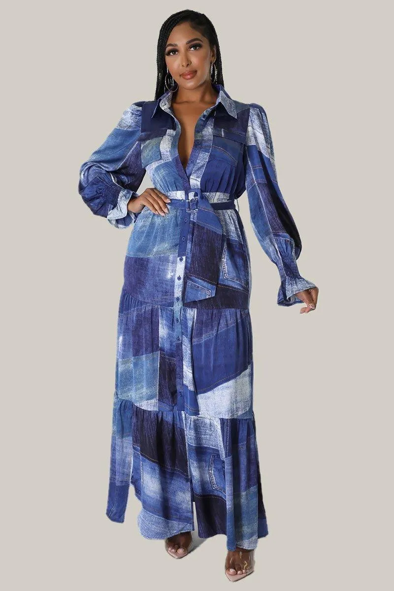 Cara Denim Print Maxi Belted Dress