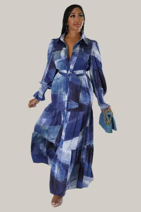 Cara Denim Print Maxi Belted Dress