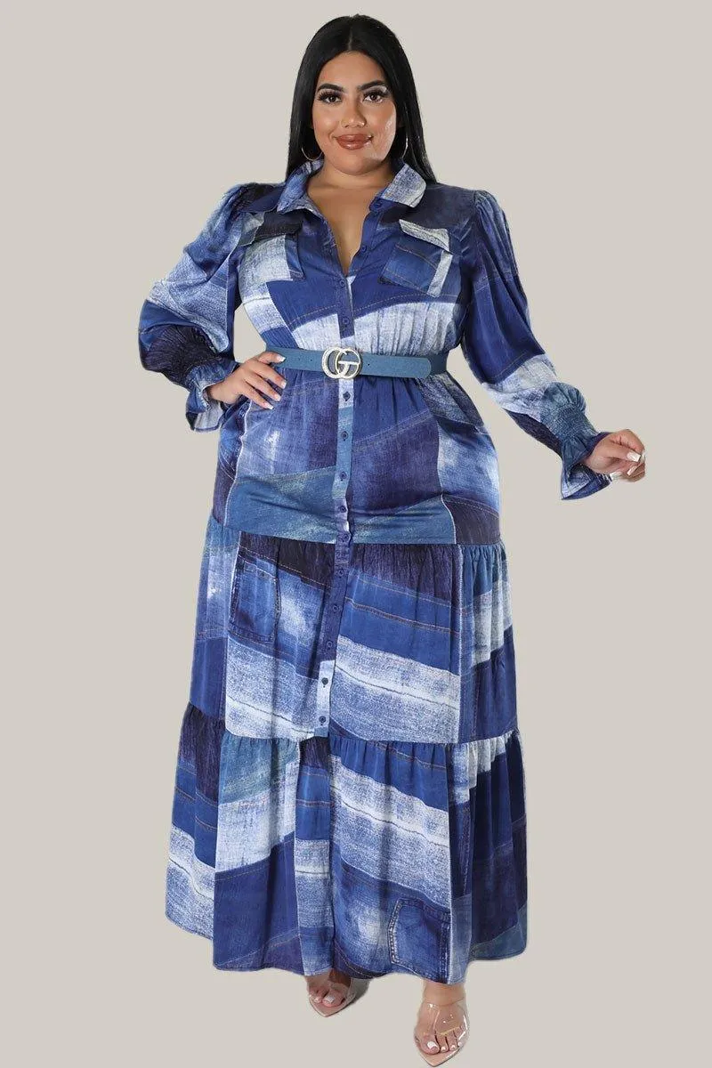 Cara Denim Print Maxi Belted Dress