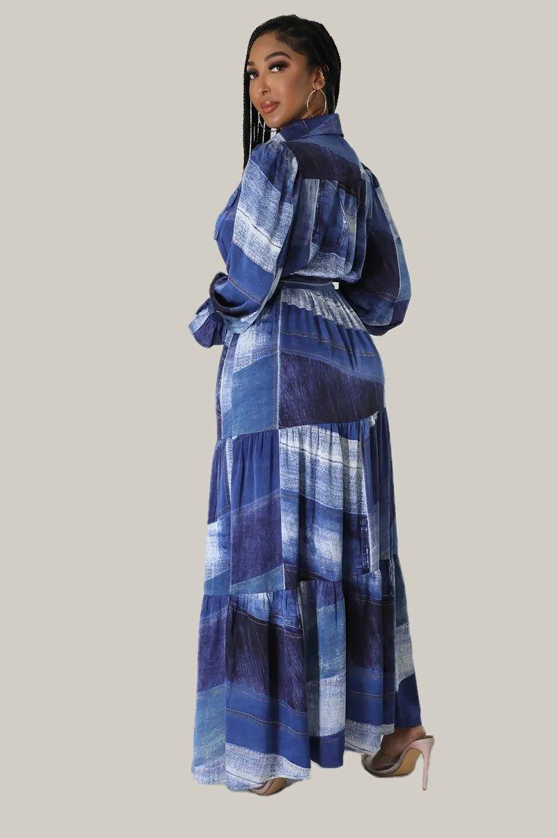 Cara Denim Print Maxi Belted Dress