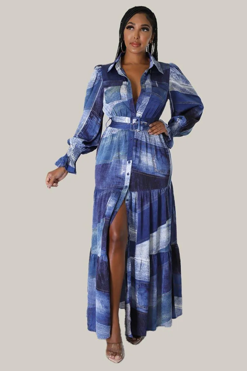 Cara Denim Print Maxi Belted Dress