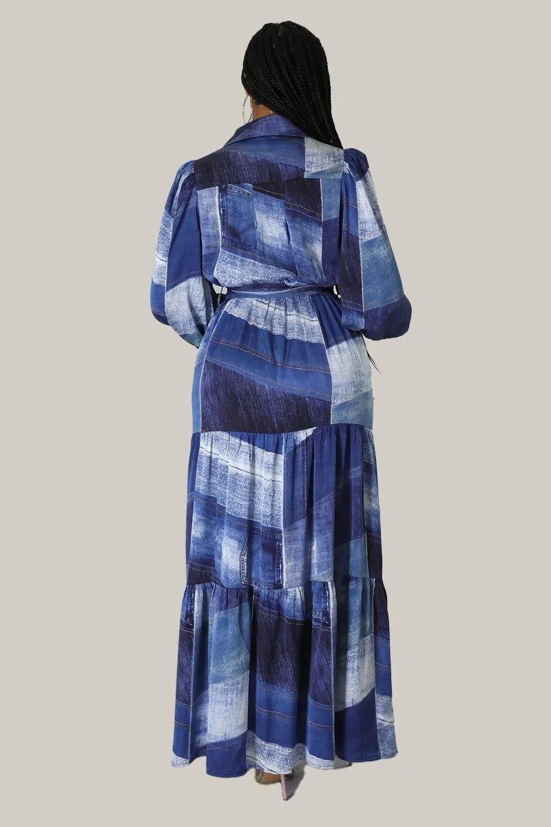 Cara Denim Print Maxi Belted Dress