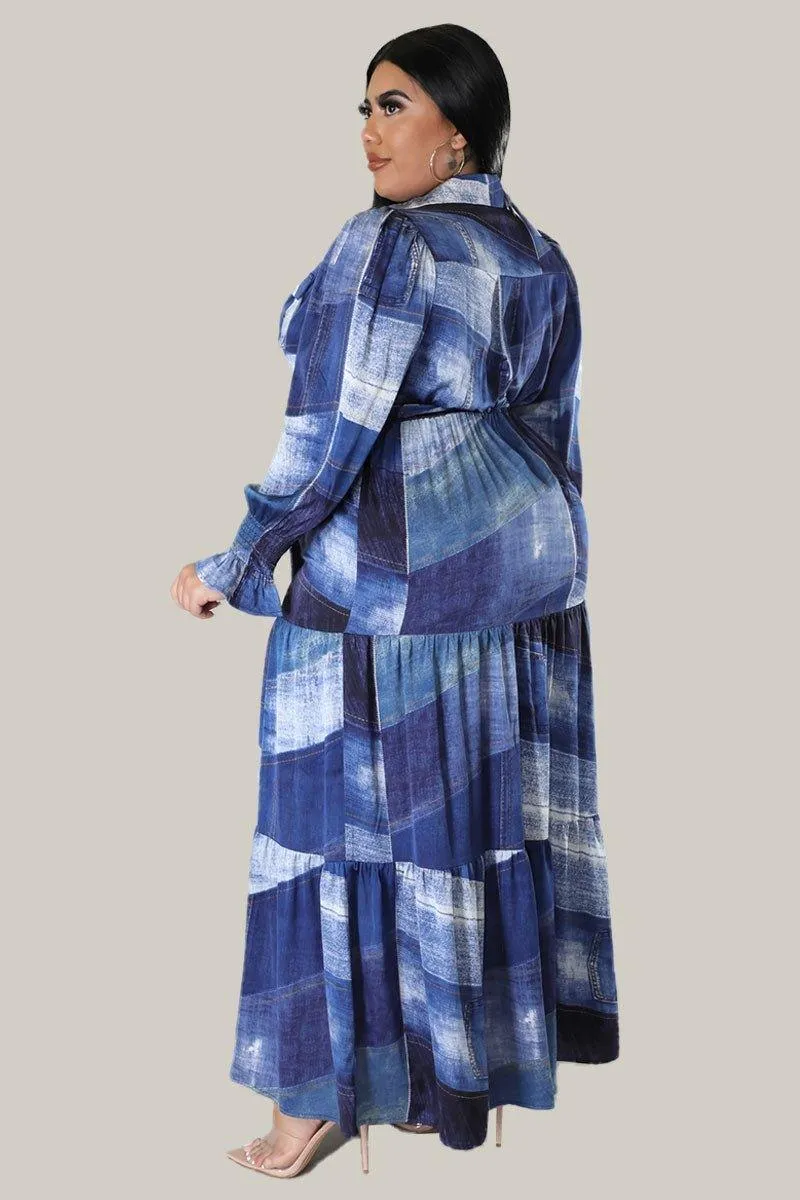 Cara Denim Print Maxi Belted Dress