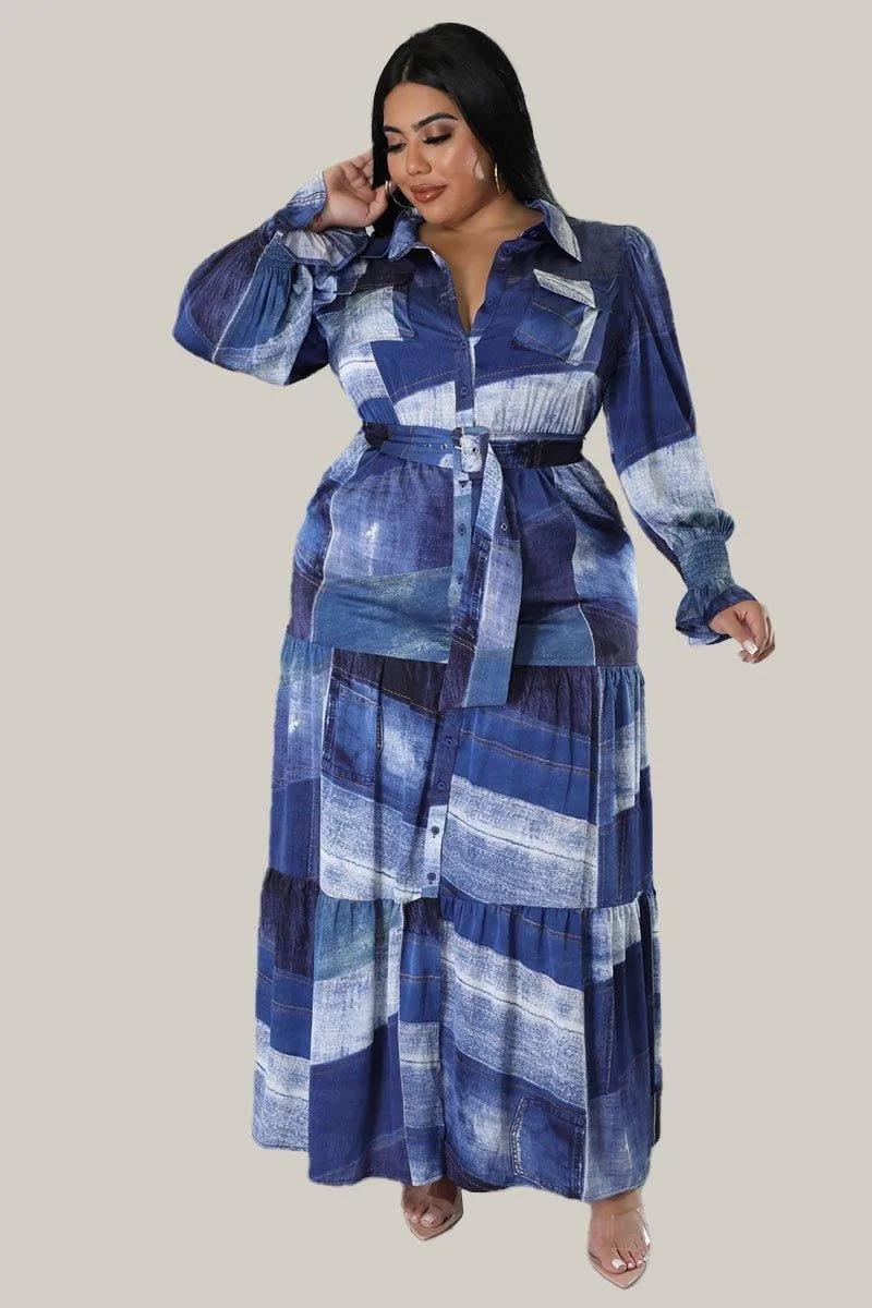 Cara Denim Print Maxi Belted Dress