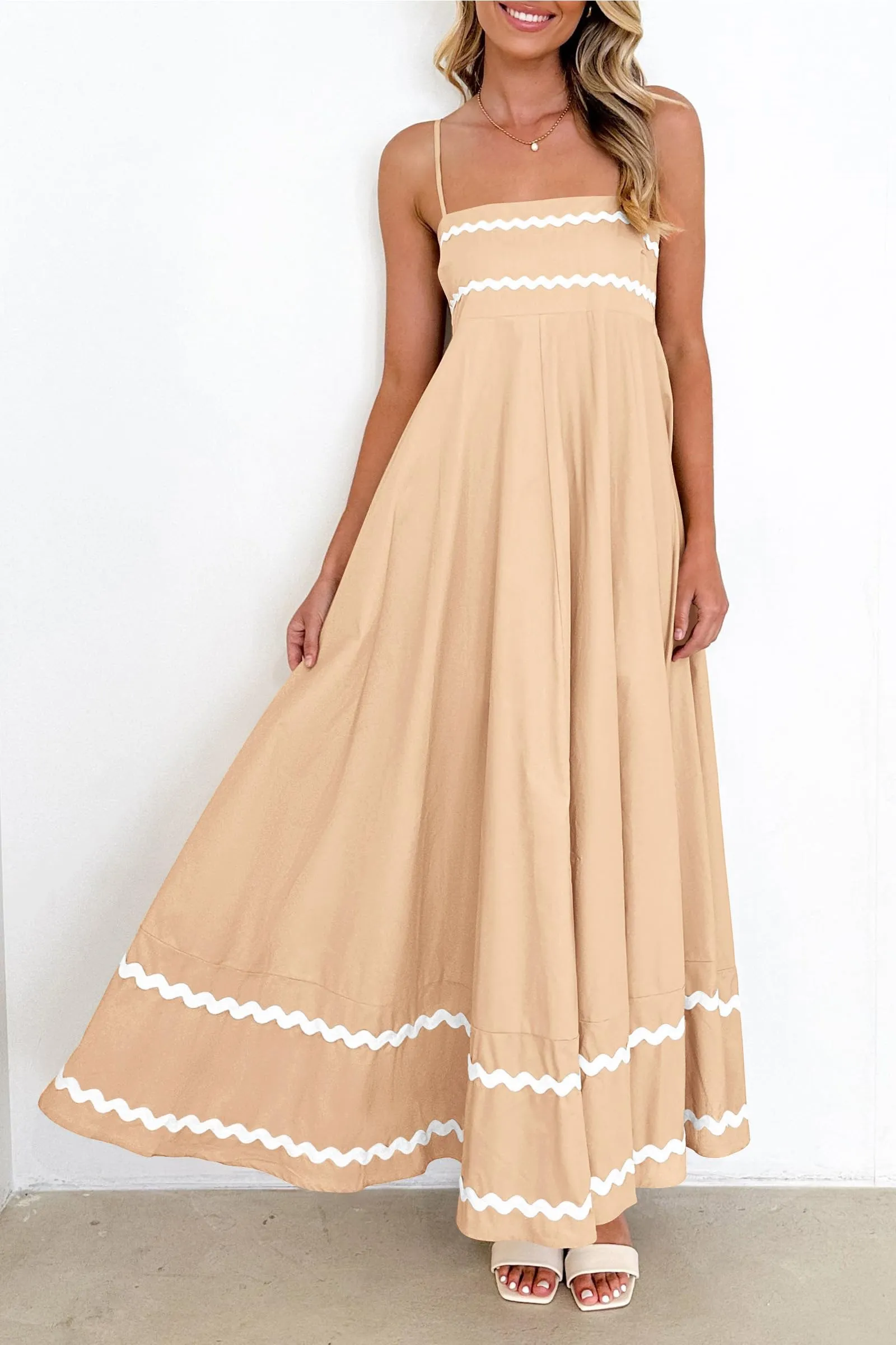 Casual Sleeveless Spaghetti Strap Ruffle Beach Flowy Maxi Dress
