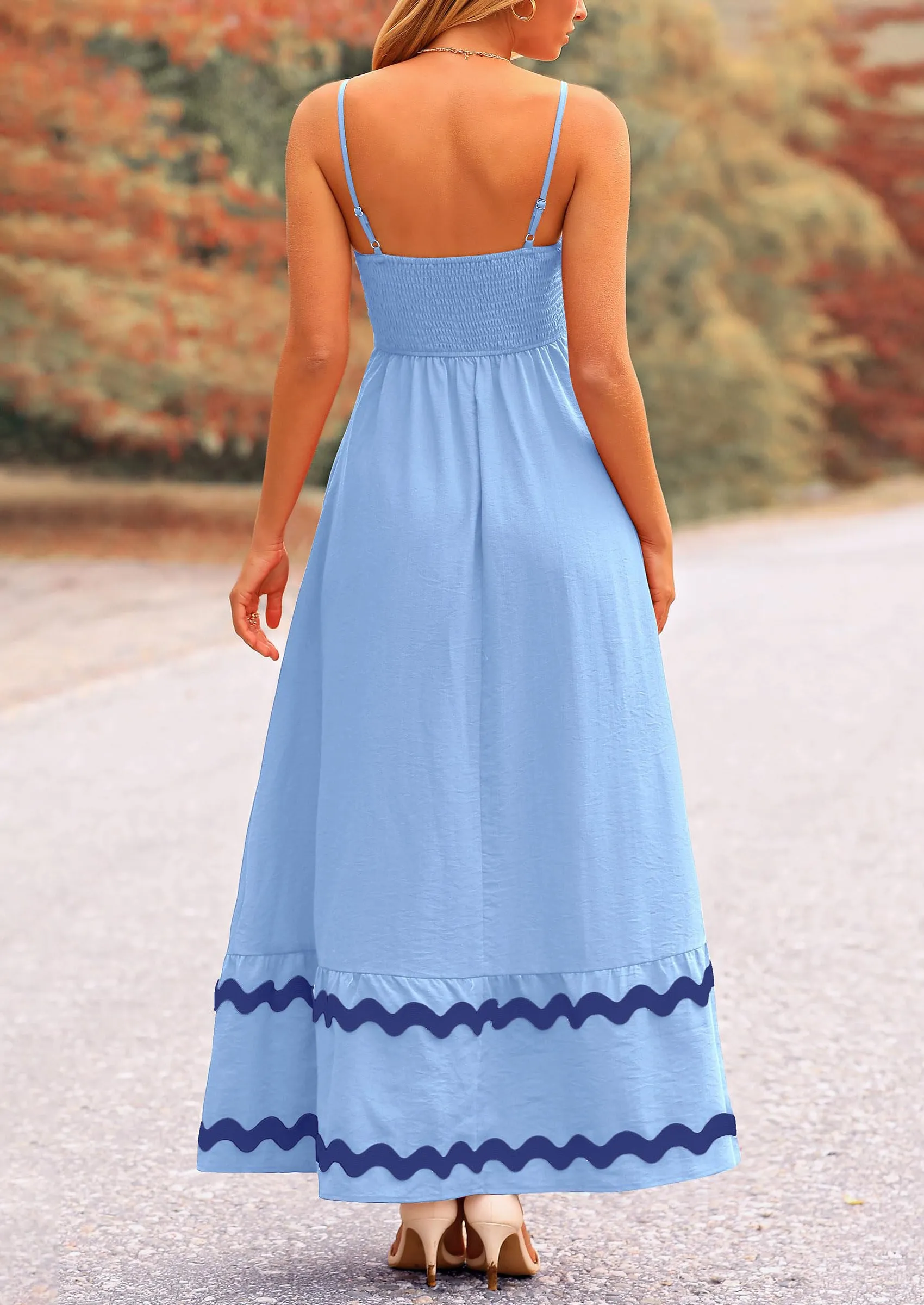 Casual Sleeveless Spaghetti Strap Ruffle Beach Flowy Maxi Dress