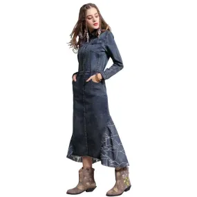 Collar Vintage Denim Patchwork Mermaid Long Dress