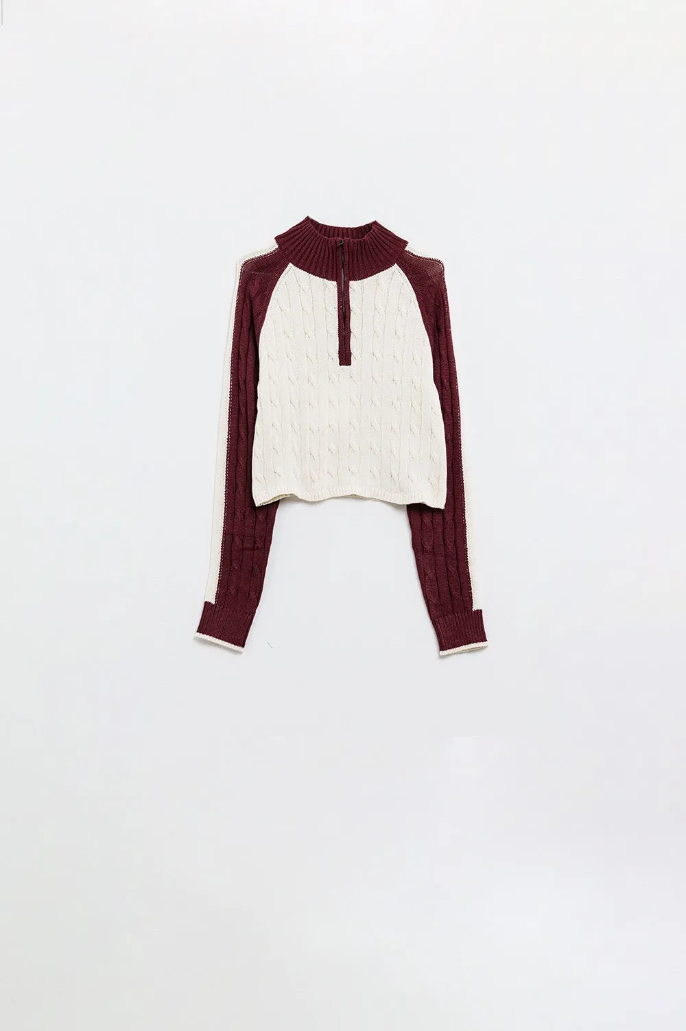 cropped white and burgundy sweater with neck zipper