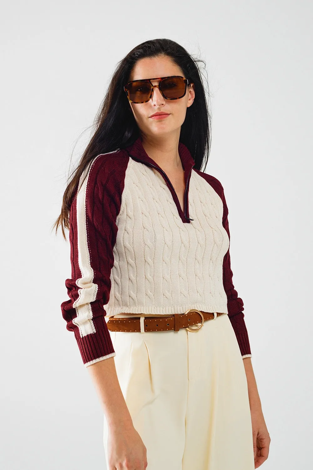cropped white and burgundy sweater with neck zipper