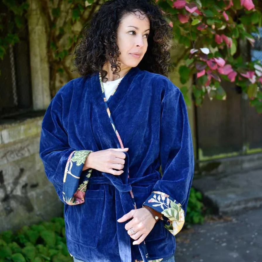 Dark Blue Velvet/Carnation Cotton Print Reversible Jacket