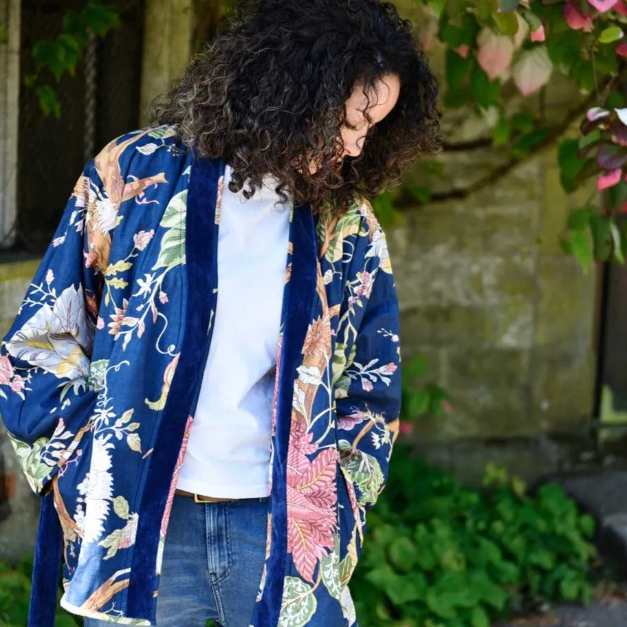 Dark Blue Velvet/Carnation Cotton Print Reversible Jacket