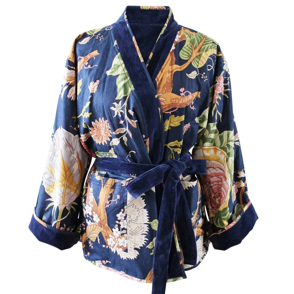 Dark Blue Velvet/Carnation Cotton Print Reversible Jacket