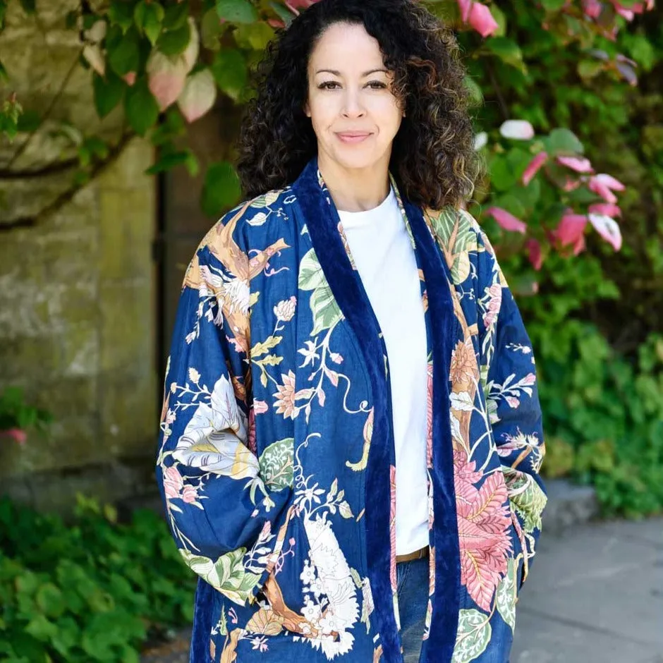 Dark Blue Velvet/Carnation Cotton Print Reversible Jacket
