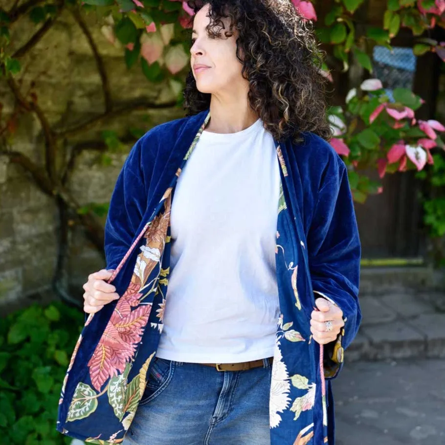 Dark Blue Velvet/Carnation Cotton Print Reversible Jacket