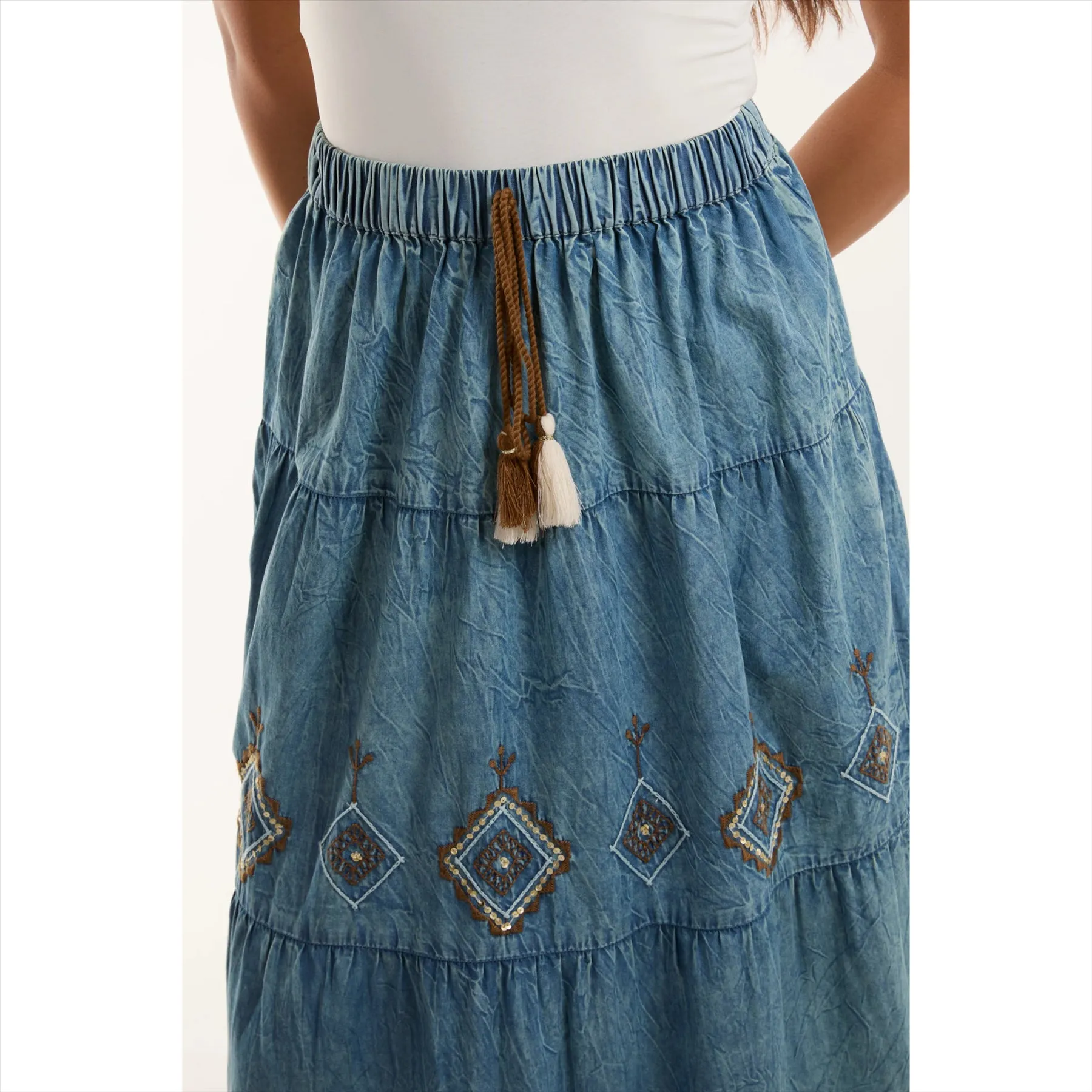 Denim Embroidered Tiered Maxi Skirt