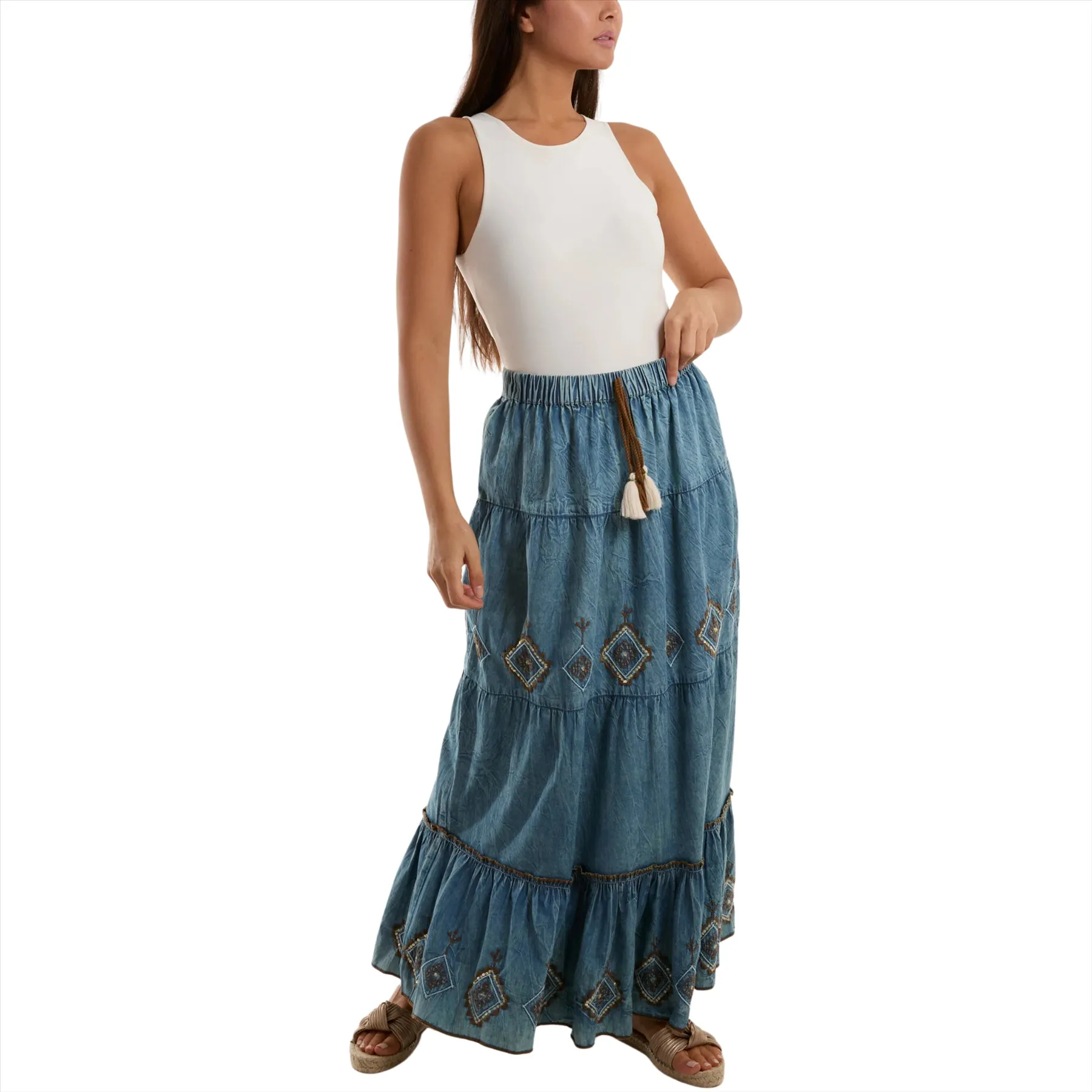 Denim Embroidered Tiered Maxi Skirt