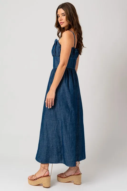 Denim Sleeveless Ruffle Denim Maxi Dress