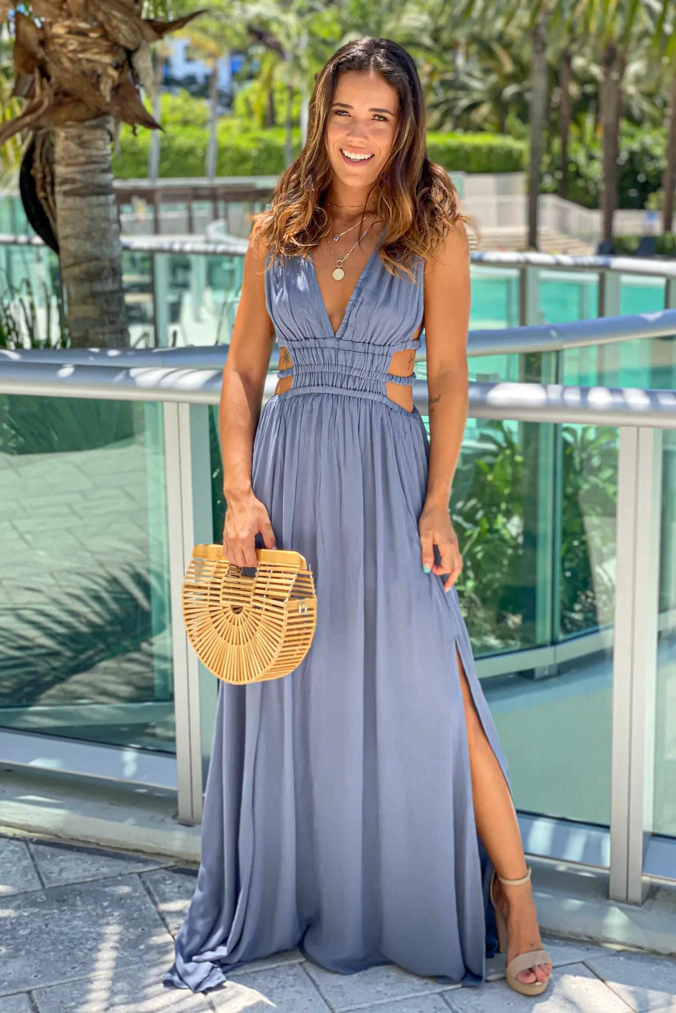 Denim V-Neck Maxi Dress With Cut Out And  Slit