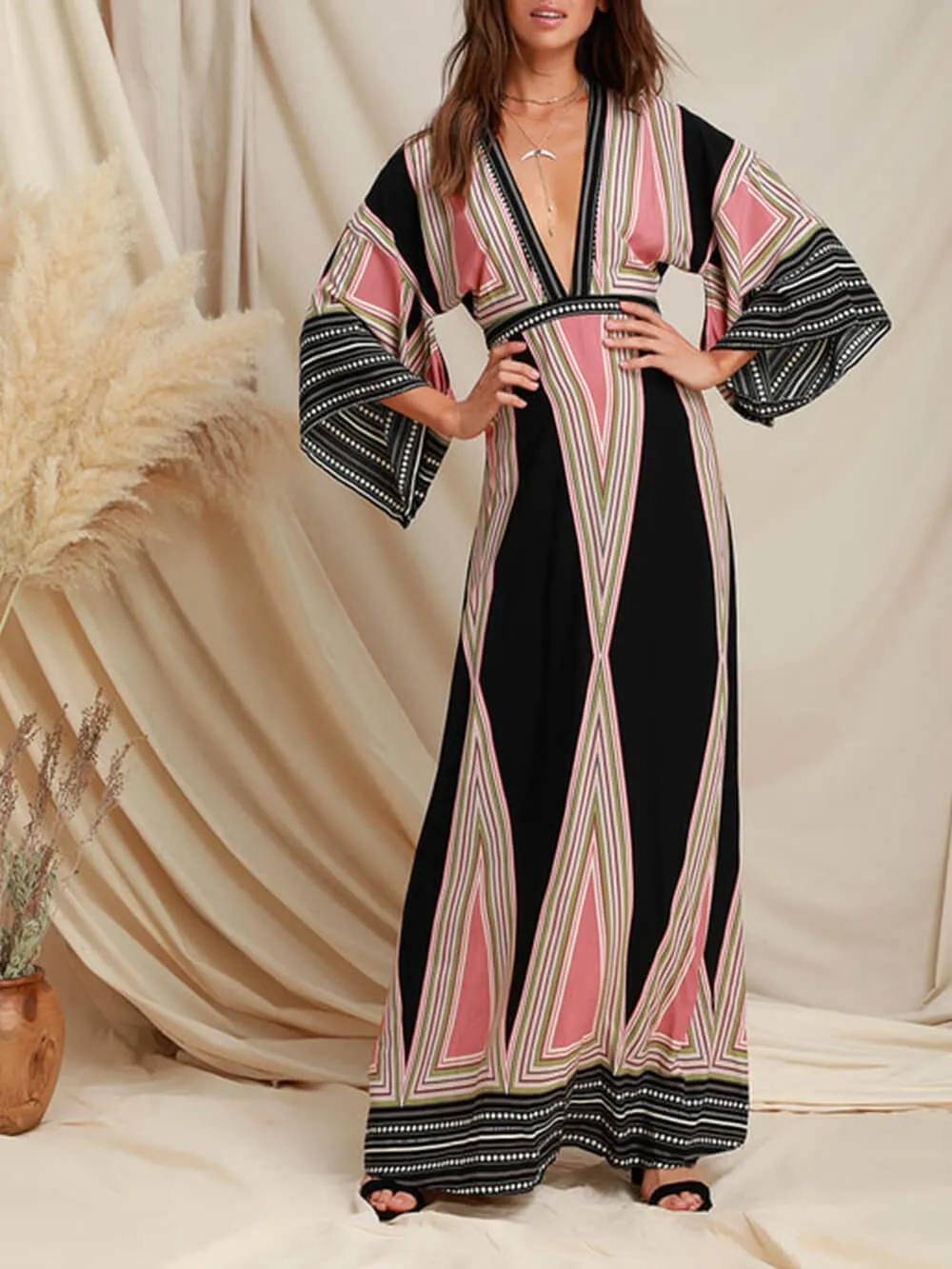 Elegant High Waisted Bell Sleeve Long Dress