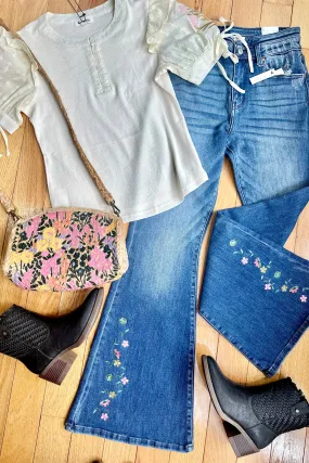 Embroidered High Rise Flare Jeans by Artemis Vintage