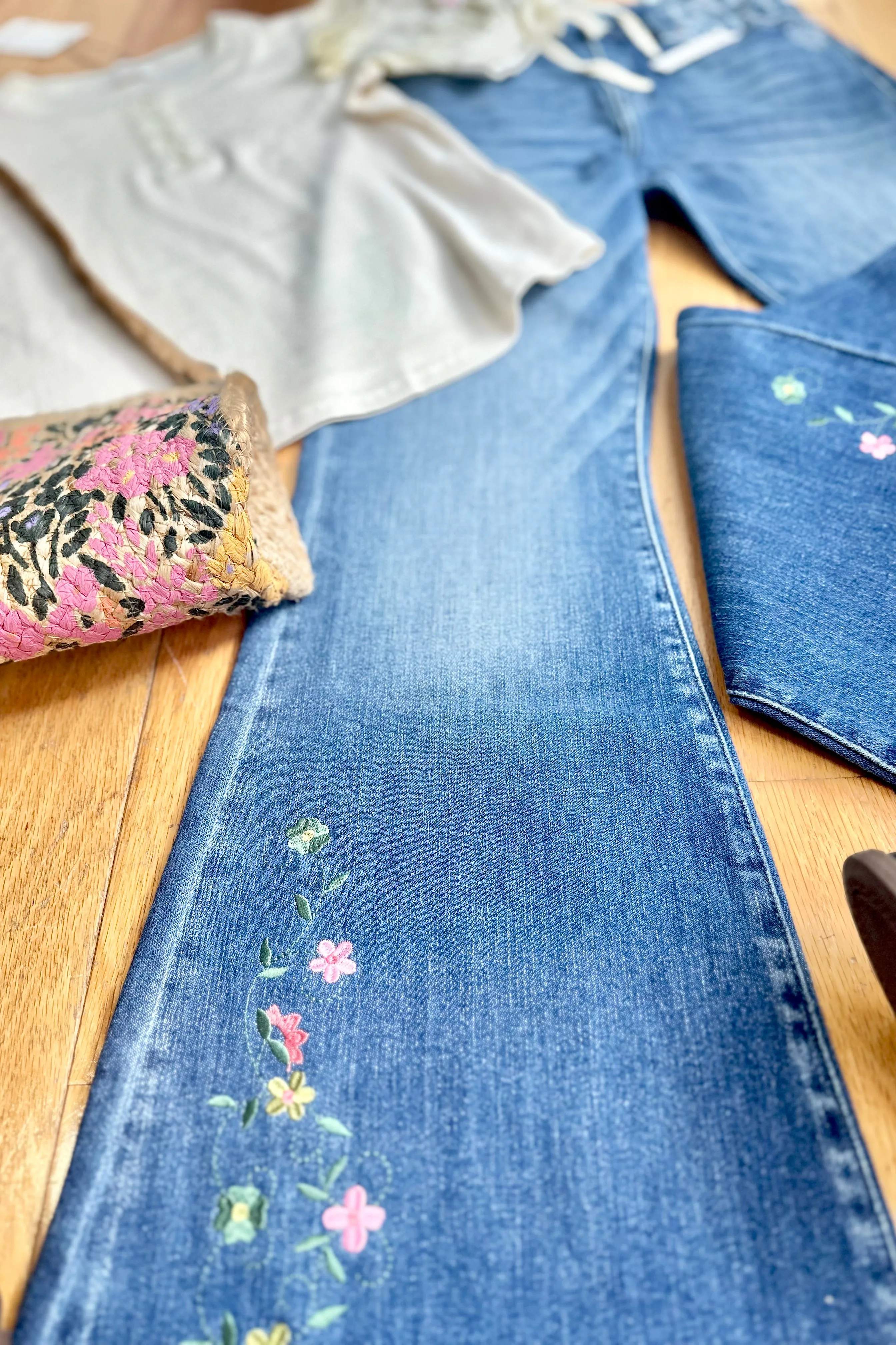 Embroidered High Rise Flare Jeans by Artemis Vintage