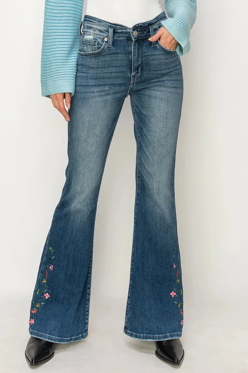 Embroidered High Rise Flare Jeans by Artemis Vintage
