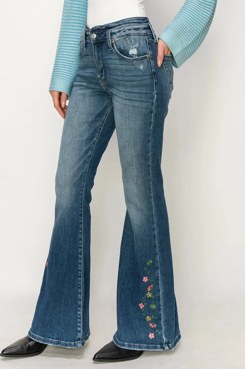 Embroidered High Rise Flare Jeans by Artemis Vintage