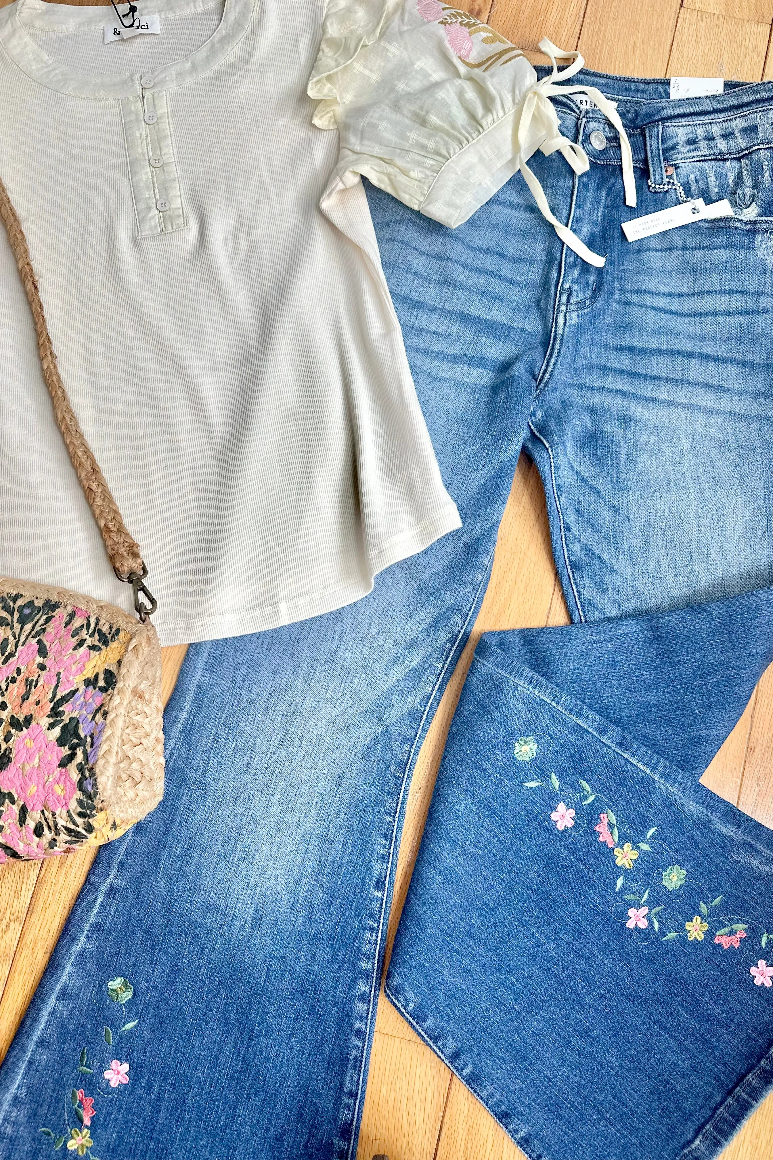 Embroidered High Rise Flare Jeans by Artemis Vintage