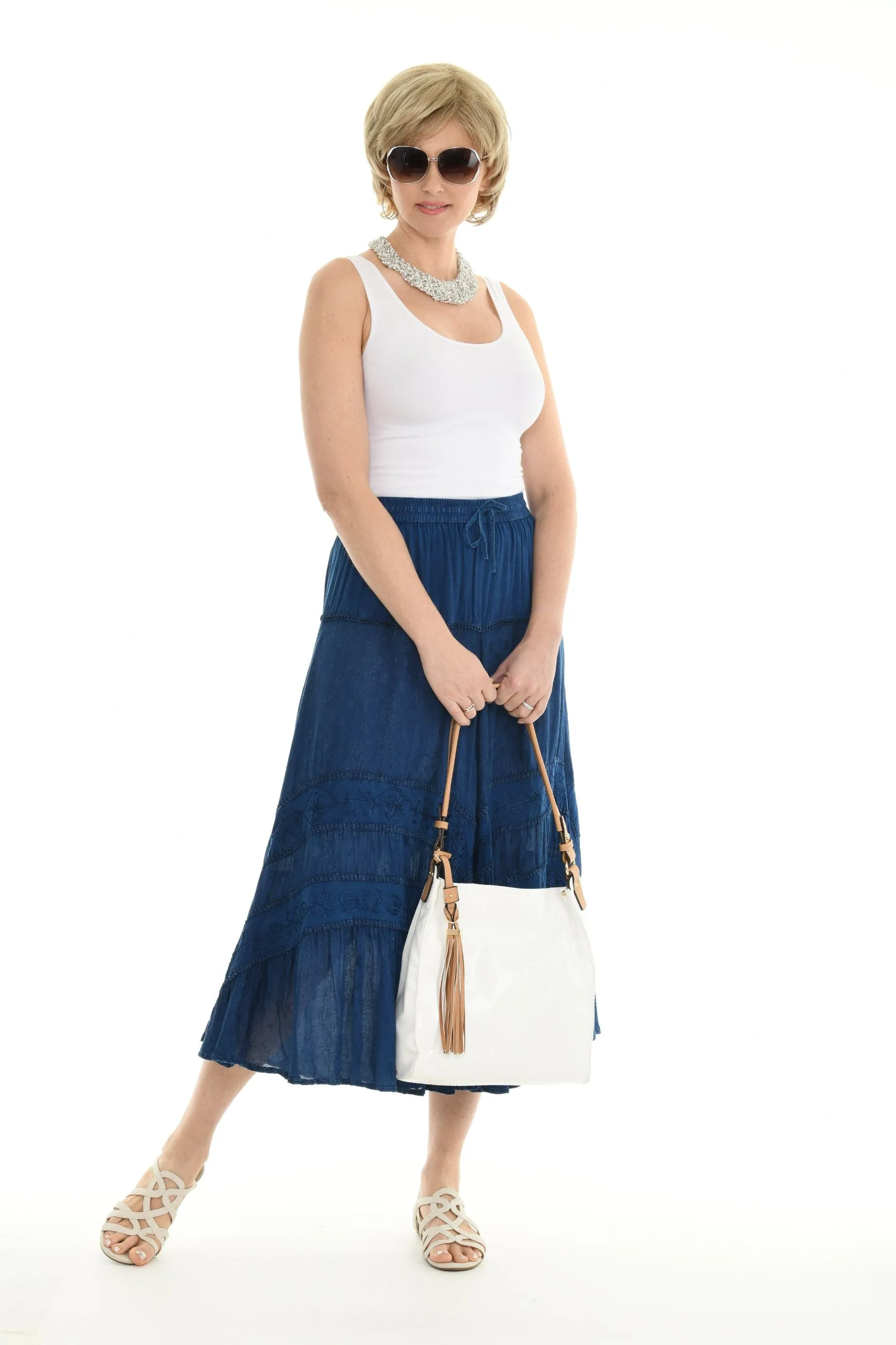 Embroidered Long Skirt with Drawstring