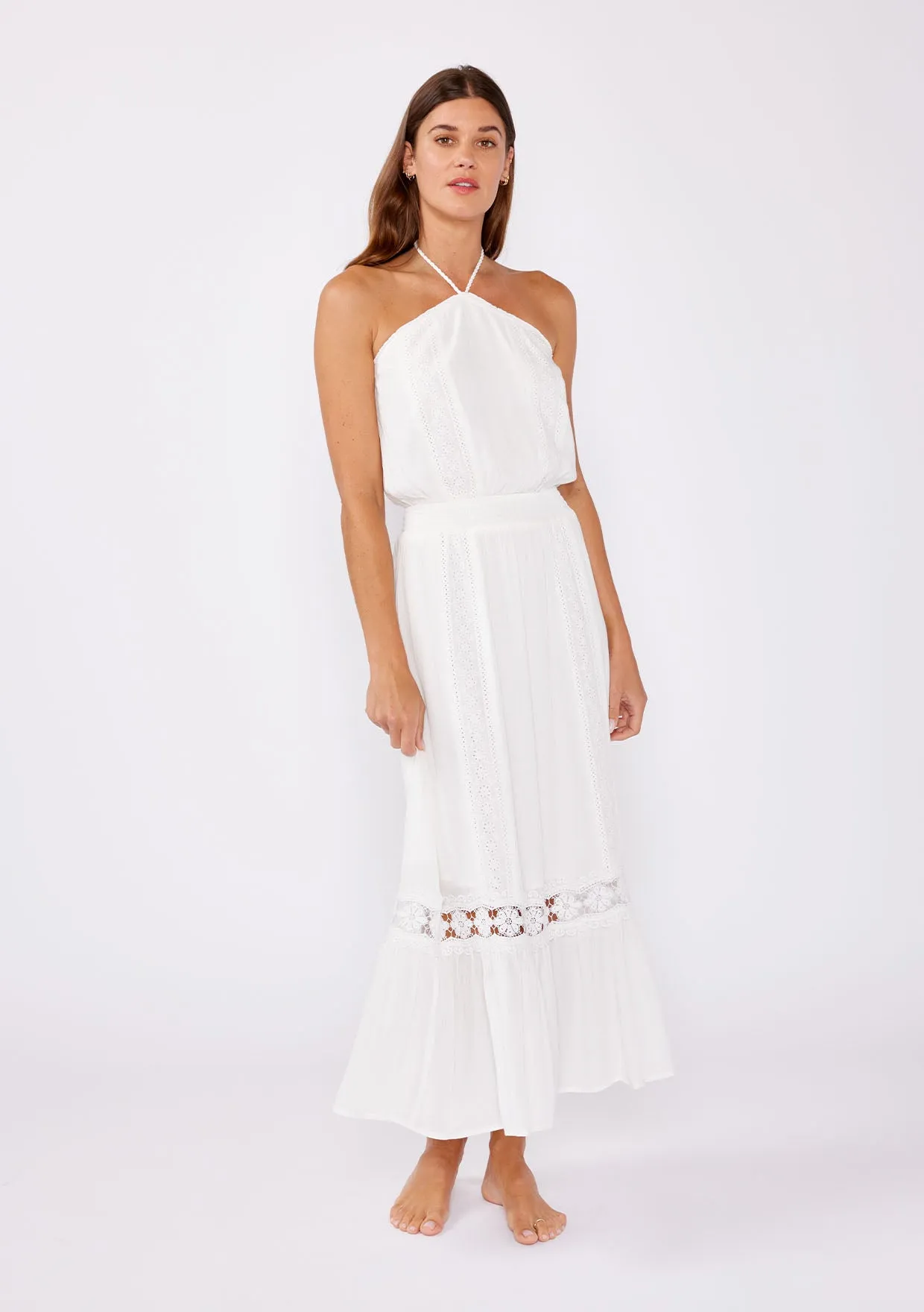 Eyelet Embroidered Smocked Halter Maxi Dress