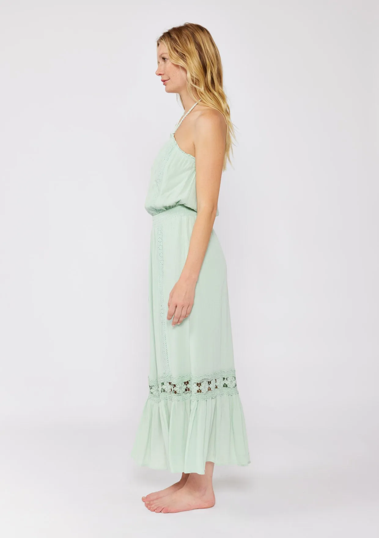 Eyelet Embroidered Smocked Halter Maxi Dress