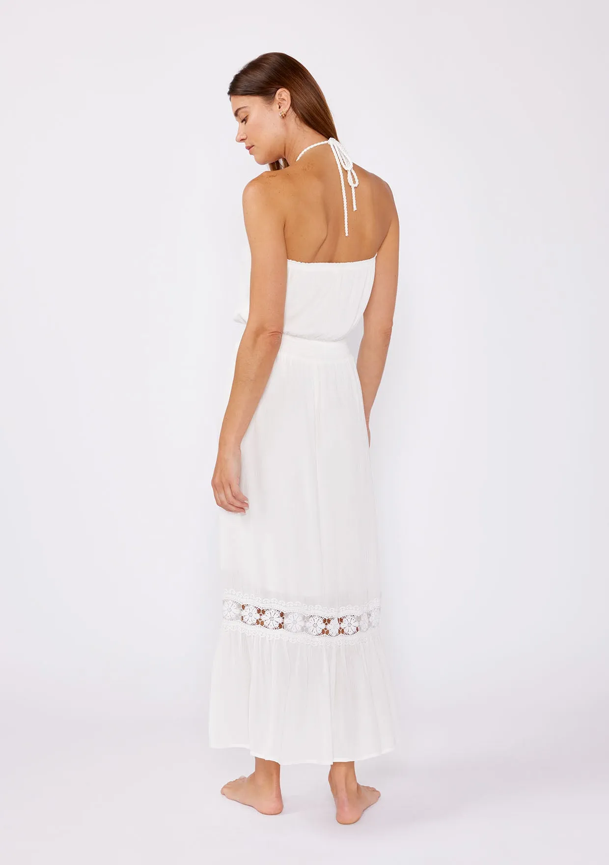 Eyelet Embroidered Smocked Halter Maxi Dress