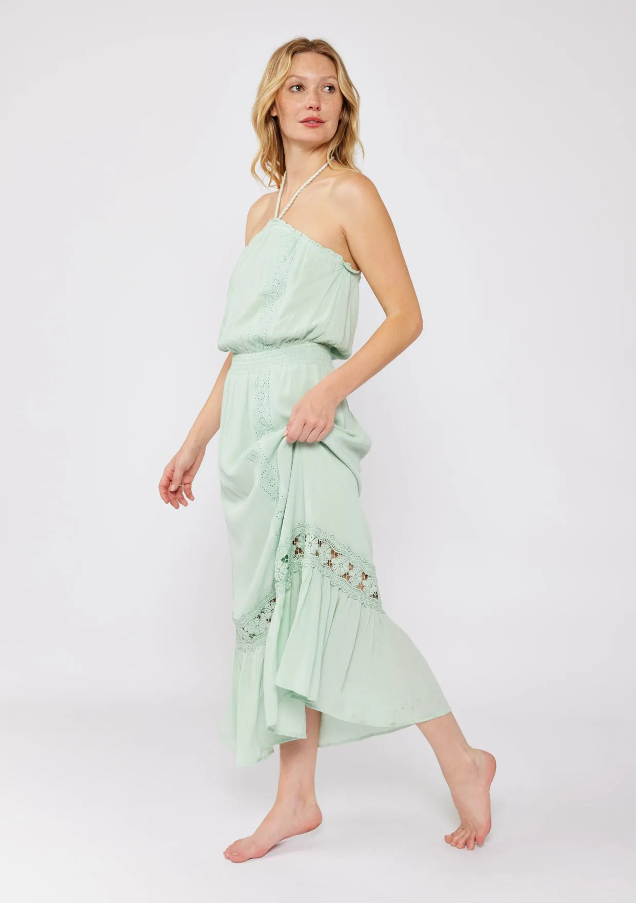Eyelet Embroidered Smocked Halter Maxi Dress