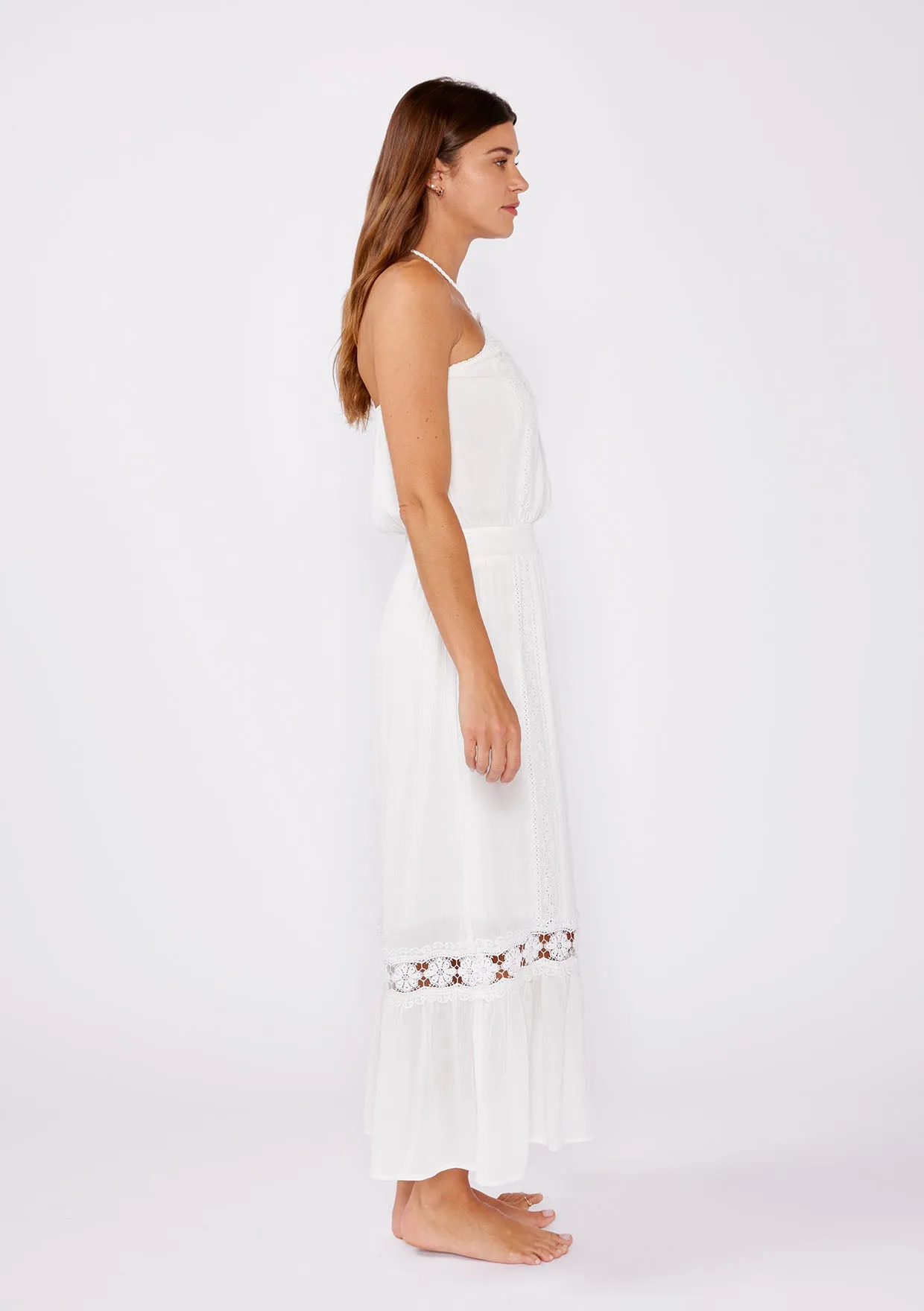 Eyelet Embroidered Smocked Halter Maxi Dress