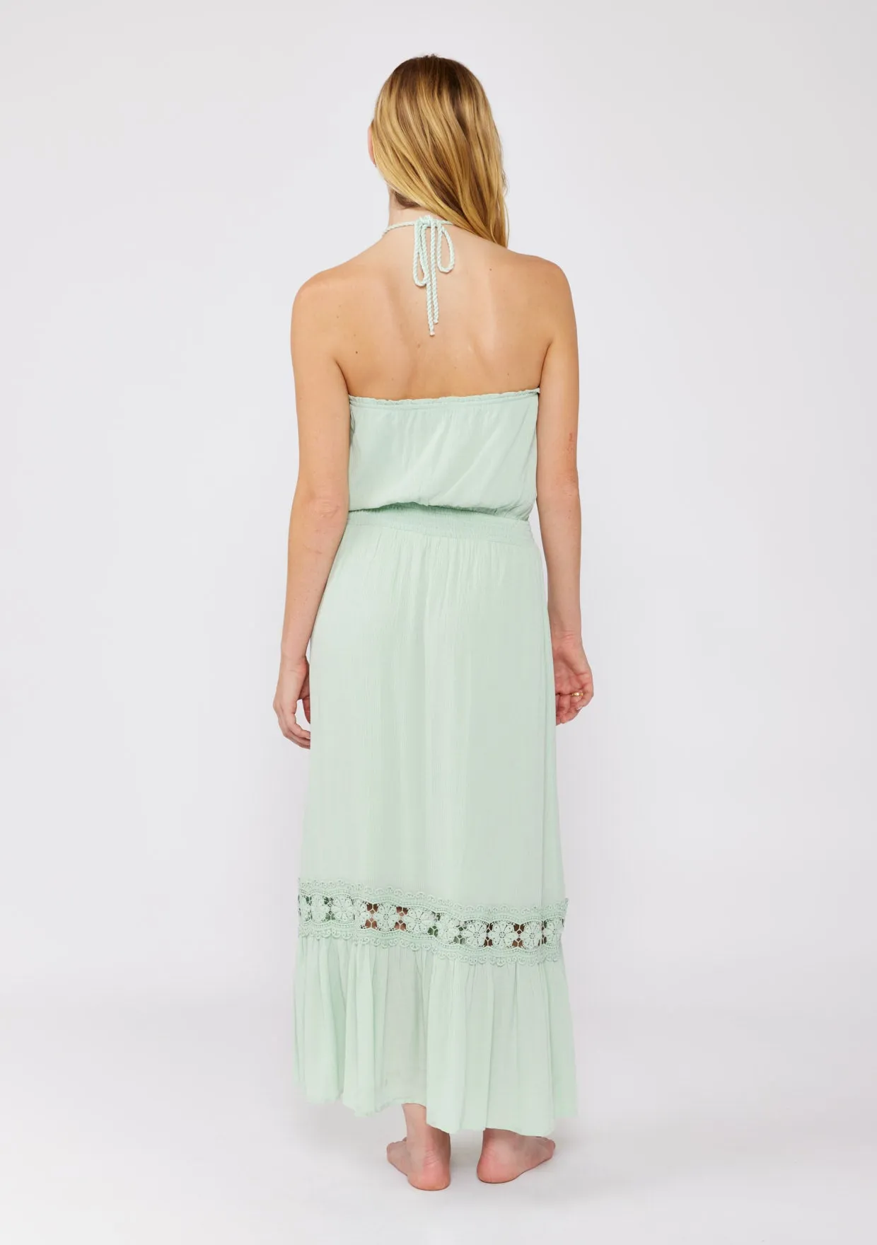 Eyelet Embroidered Smocked Halter Maxi Dress