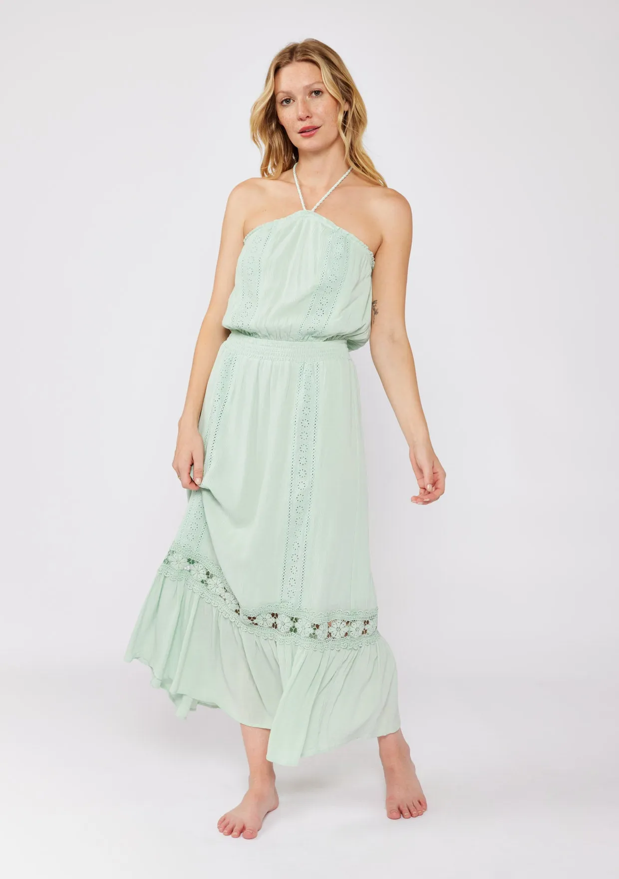 Eyelet Embroidered Smocked Halter Maxi Dress