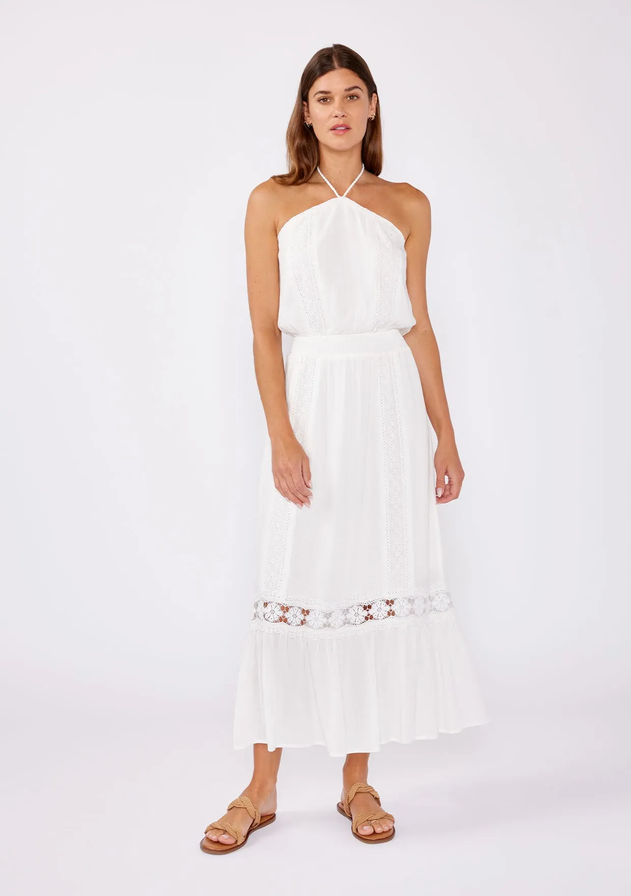 Eyelet Embroidered Smocked Halter Maxi Dress