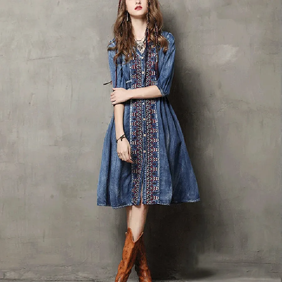 FashionSierra-Midi Denim  Women  Blue Cotton  Ethnic Embroidery  Drawstring Waist  Gypsy  Vestidos Boho Dress