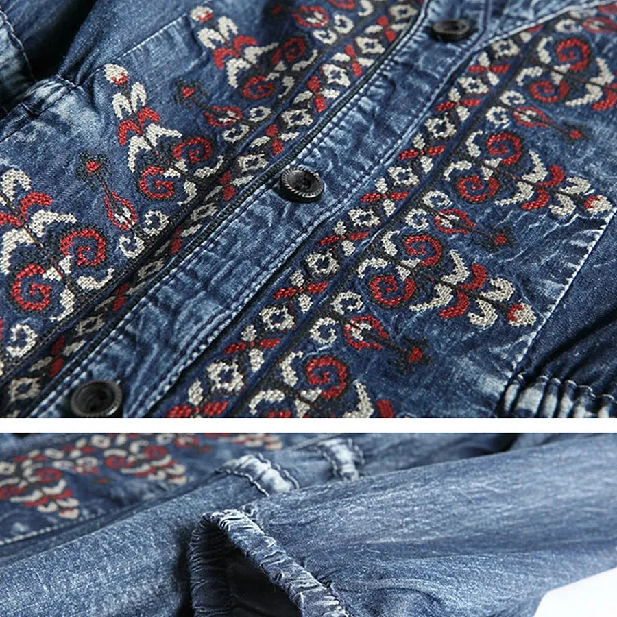 FashionSierra-Midi Denim  Women  Blue Cotton  Ethnic Embroidery  Drawstring Waist  Gypsy  Vestidos Boho Dress