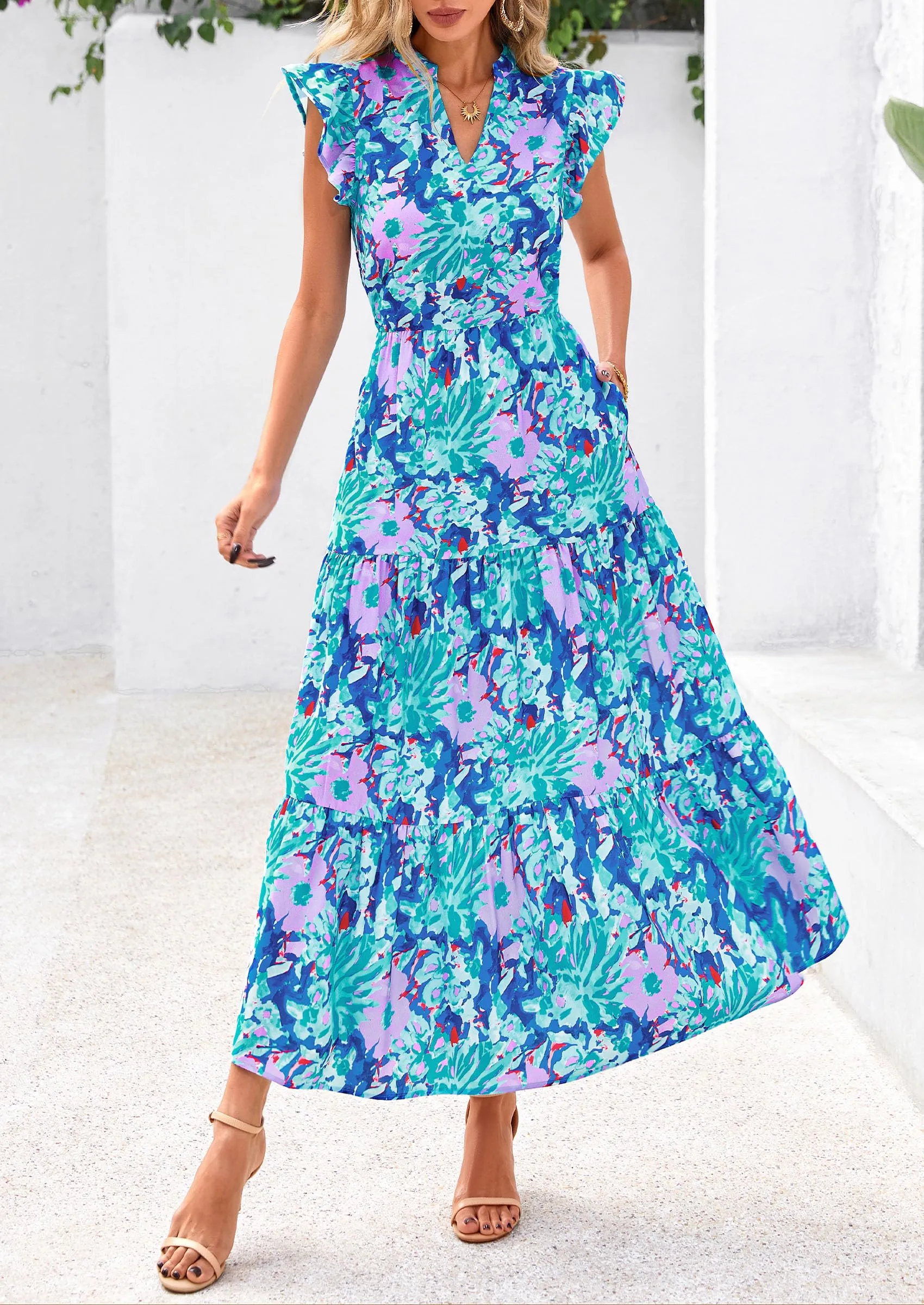 Floral Cap Sleeve V Neck Ruffle Flowy Boho Casual Beach Vacation Midi Dress