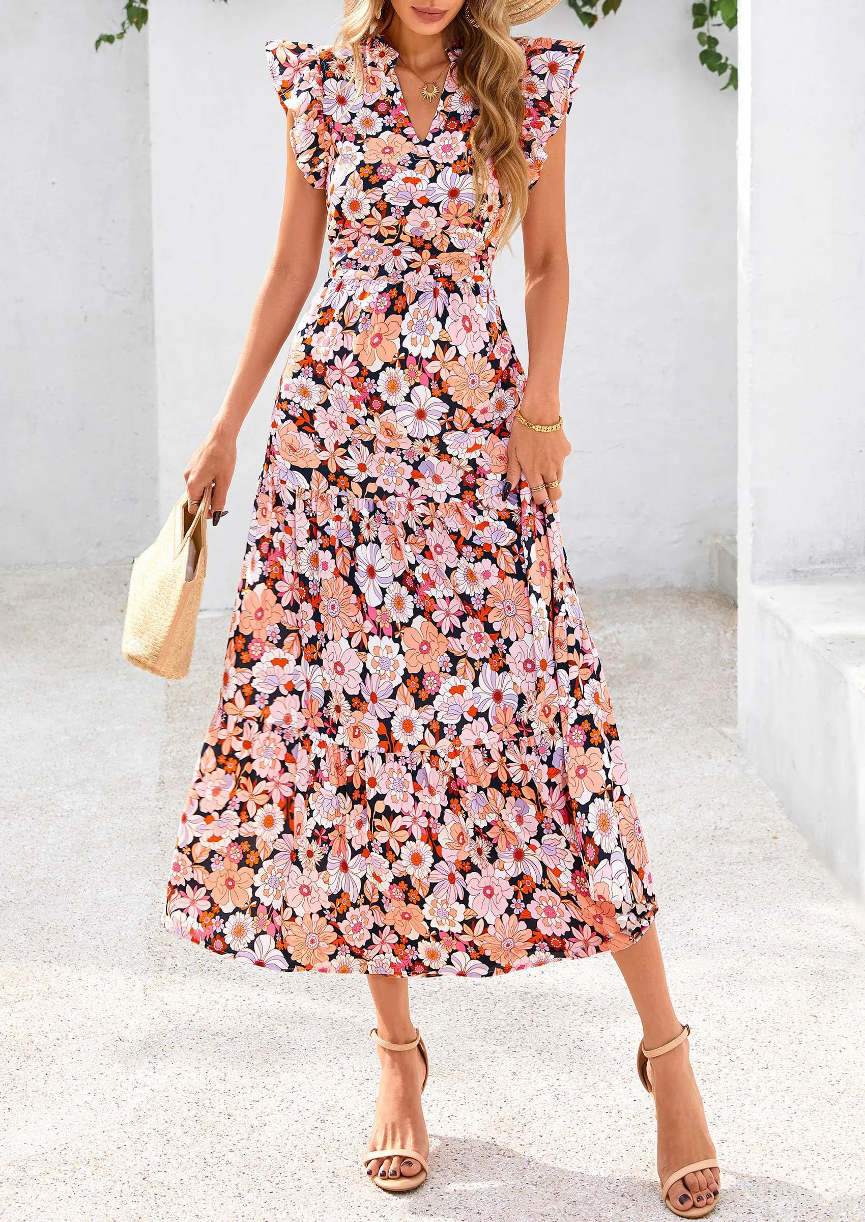 Floral Cap Sleeve V Neck Ruffle Flowy Boho Casual Beach Vacation Midi Dress