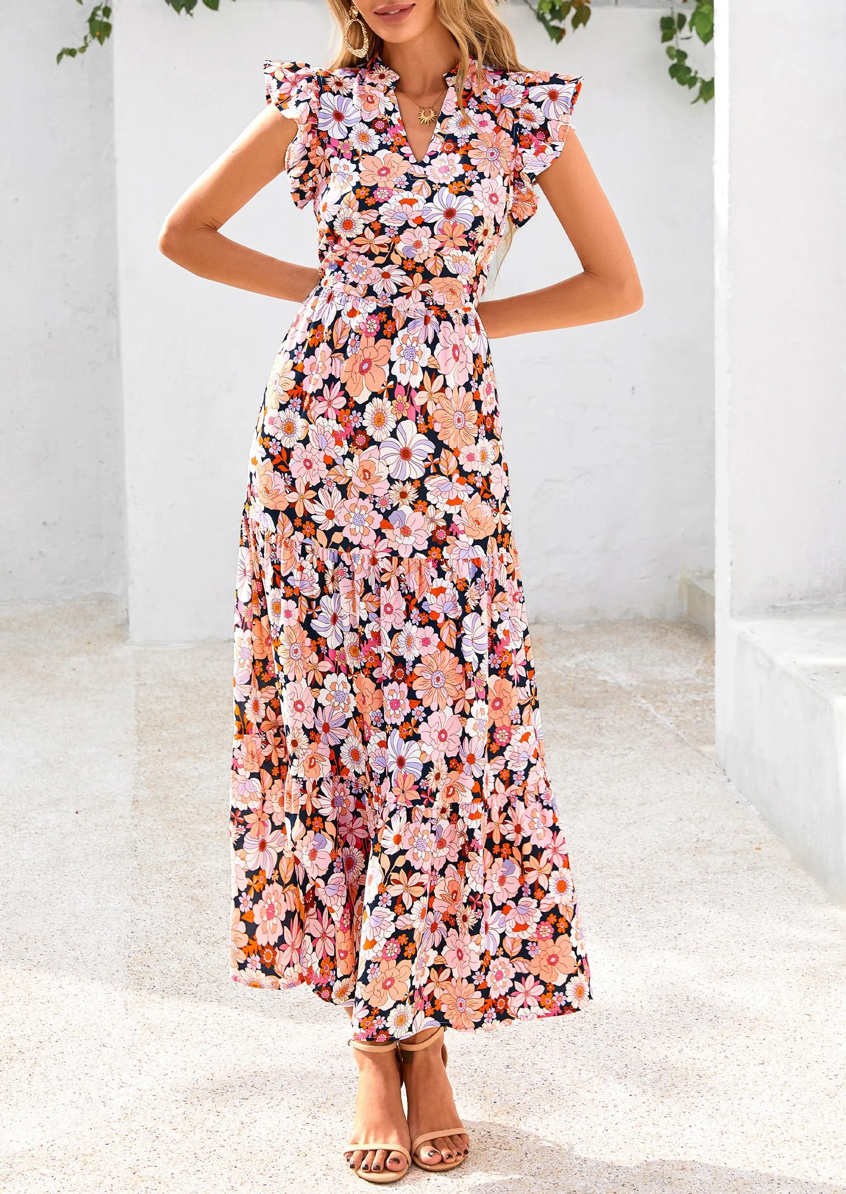Floral Cap Sleeve V Neck Ruffle Flowy Boho Casual Beach Vacation Midi Dress