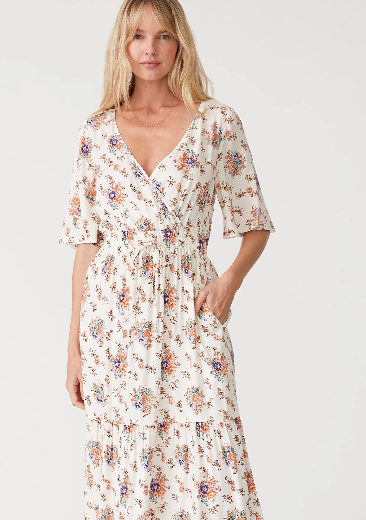 Floral Half Sleeve Surplice Tiered Maxi Dress